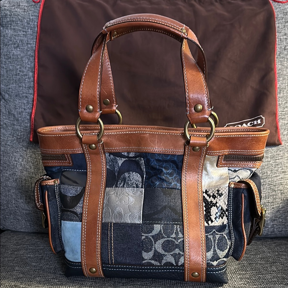 Coach Brown and Blue Patchwork Bag with Leather Accents - Picture 2 of 6
